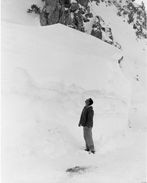 Kratka Ridge Ski Area. Ed Hensley 6 foot 3 inches looking up from Angeles  Crest Hwy